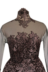 Extraordinary 1990s John Anthony Couture Deep Bronze Lace & Black Silk Netting Full Skirted Dress
