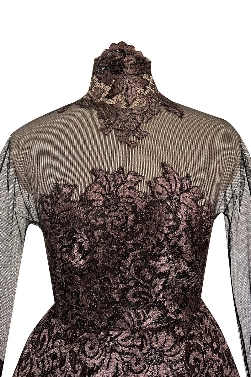 Extraordinary 1990s John Anthony Couture Deep Bronze Lace & Black Silk Netting Full Skirted Dress