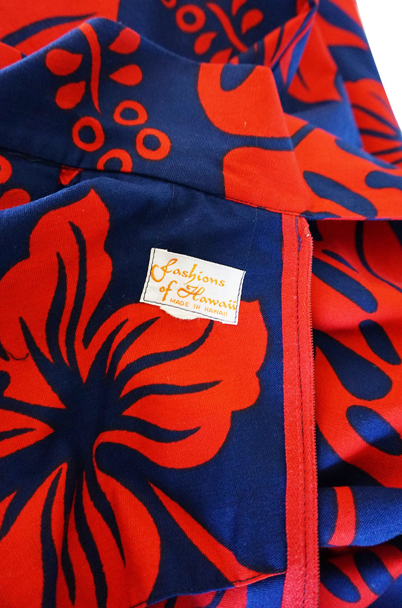1960s Red & Blue Cotton Hawaiian Maxi Dress
