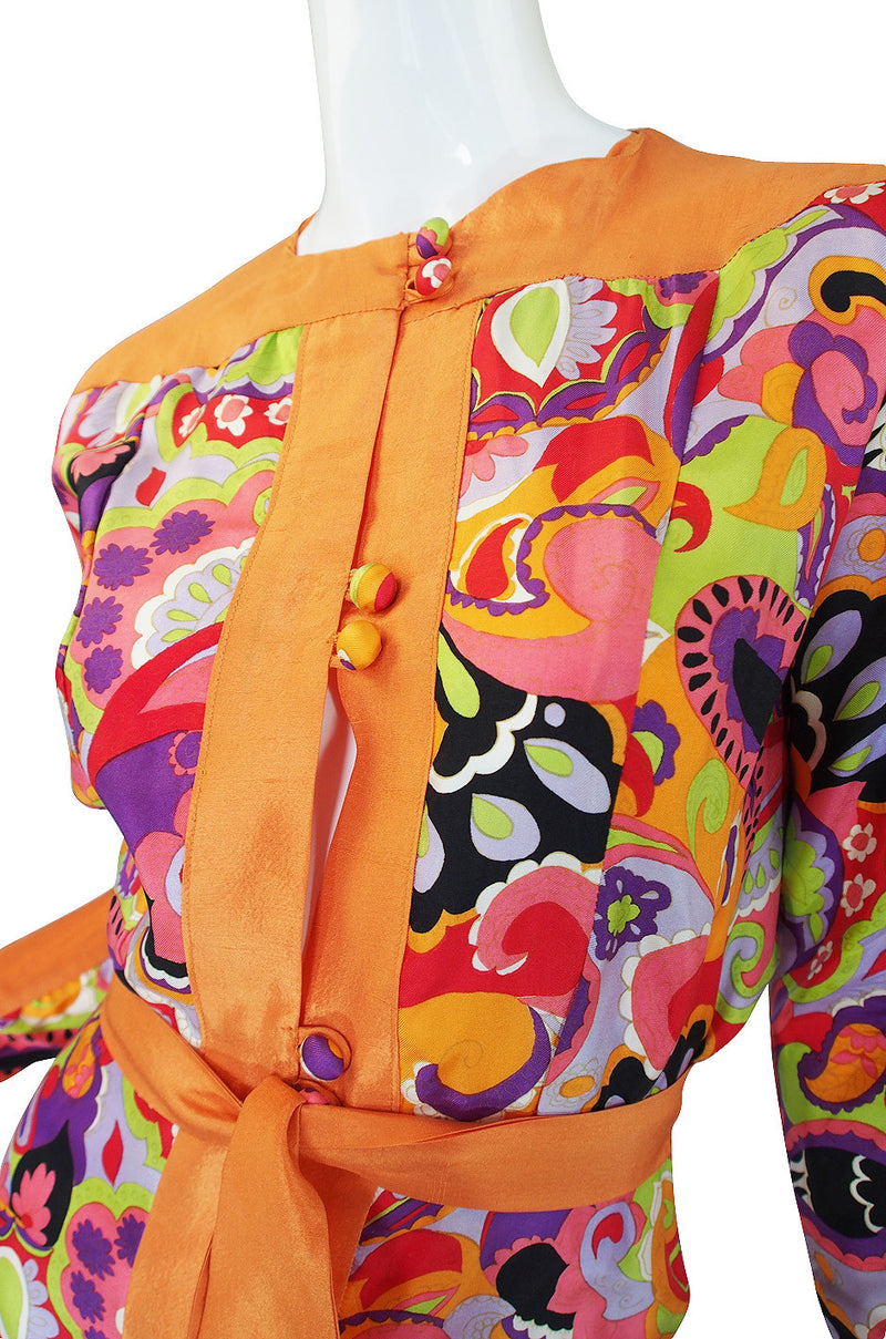 1970s Citrus Silk Print Maxi Dress