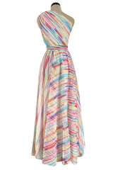 Spectacular 1970s Oscar de la Renta One Shoulder Lightweight Chiffon Rainbow Stripe Dress