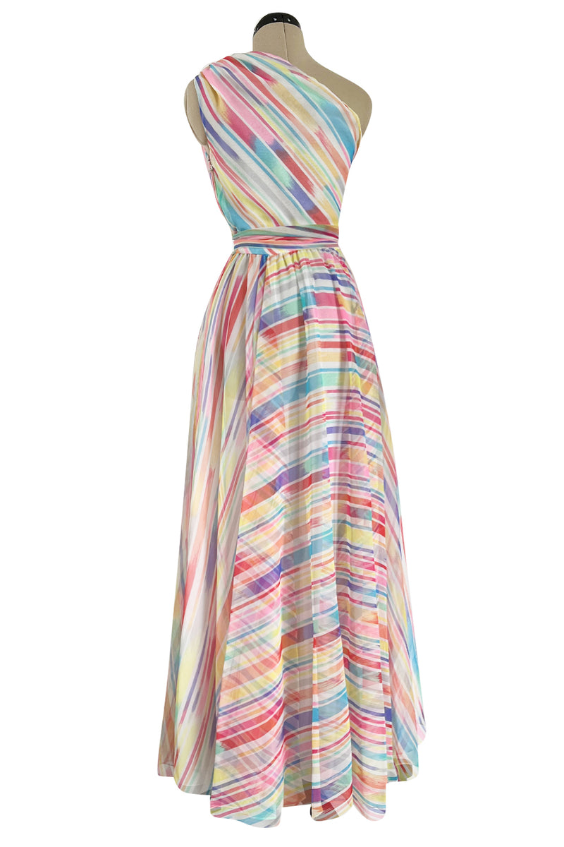 Spectacular 1970s Oscar de la Renta One Shoulder Lightweight Chiffon Rainbow Stripe Dress