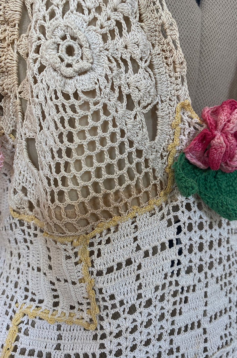 1960s Handmade Crocheted Crop Top w Open Front Pink Sleeves & Gold Metallic Accents