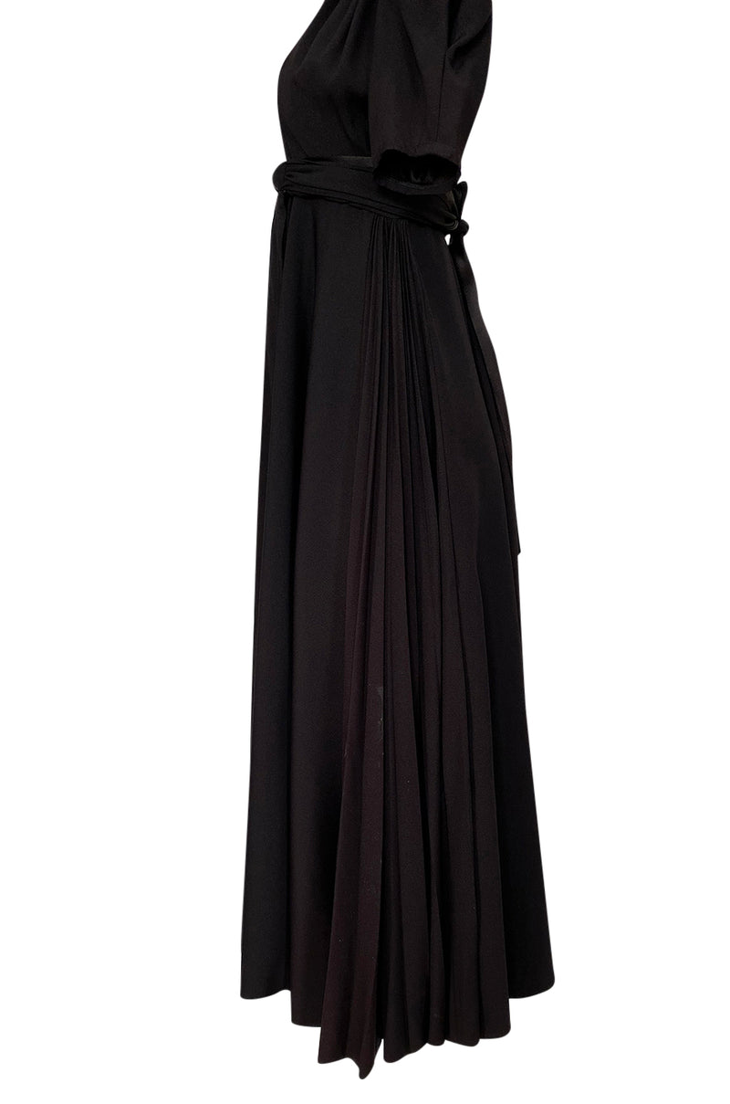 Iconic c.1969 Ossie Clark 'Bridget' Black Crepe Plunge Front Wrap Dress