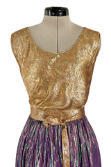 Fabulous 1970s Adolfo Metallic Gold, Green and Purple Silk Skirt, Tassle Belt & Top Set