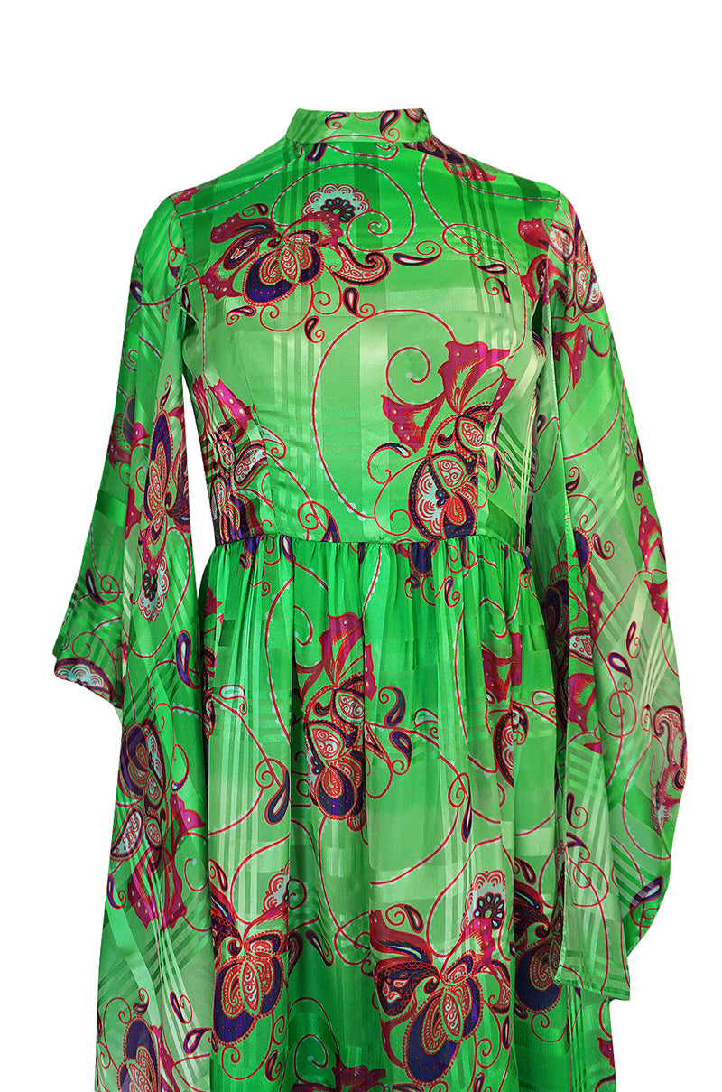 1970s Mollie Parnis Kimono Sleeve Printed Green Silk Dress
