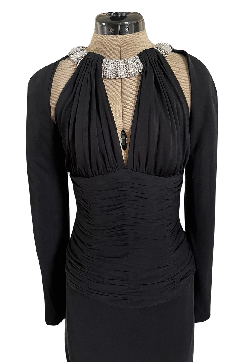 Fabulous 1980s Vicky Tiel Cut Outs Black Jersey Dress w Jewelled Pearl & Rhinestone Collar