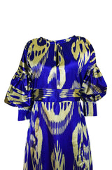 Recent Zazi Vintage Silk Ikat "Madhu" Bliue & Gold Caftan Dress