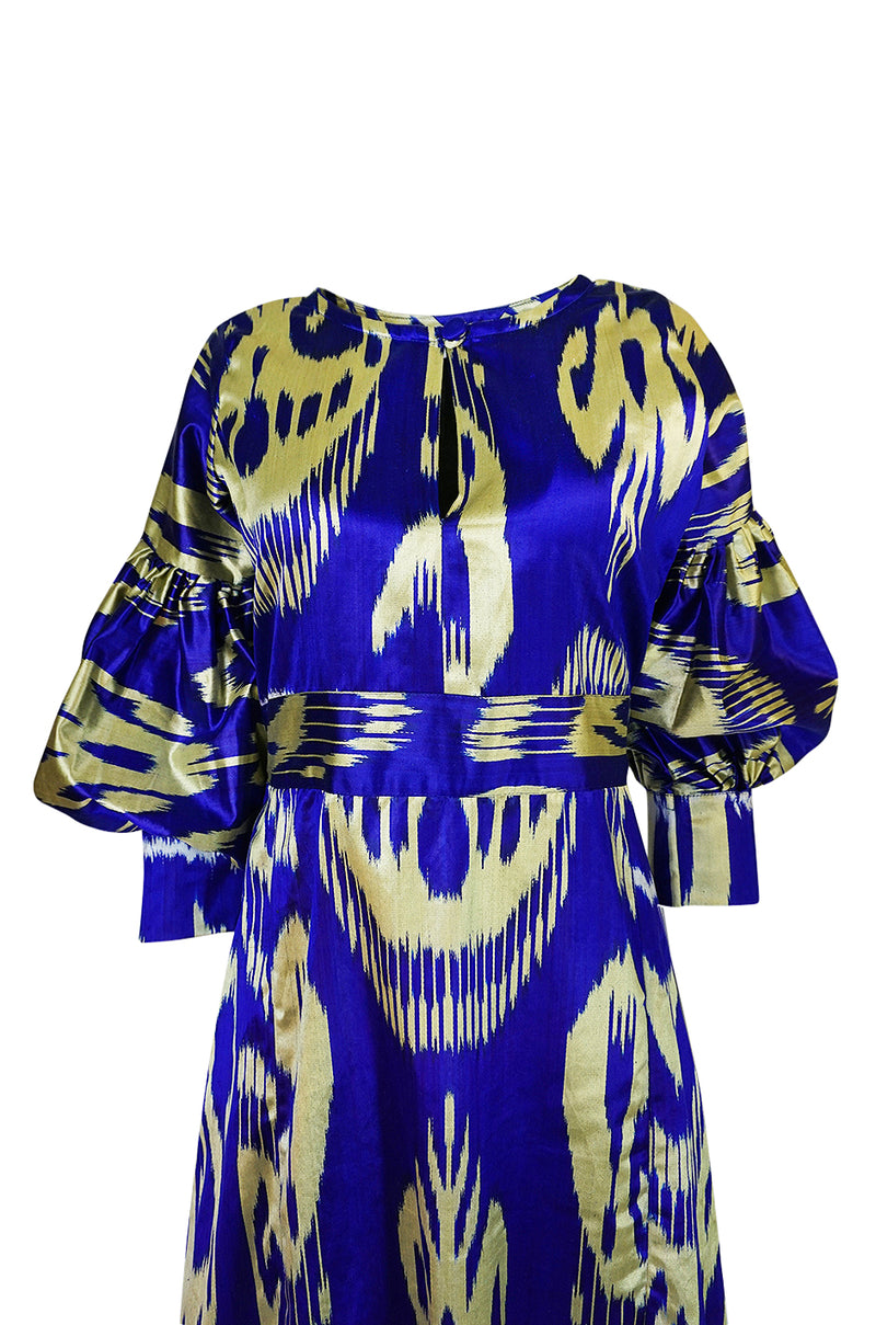 Recent Zazi Vintage Silk Ikat "Madhu" Bliue & Gold Caftan Dress