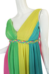 1960s Saks Sarafina Multi Color Pleated Chiffon Dress