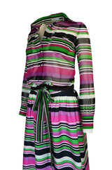 1970s Givenchy Vivid Pink Silk Striped Skirt & Top Dress Set