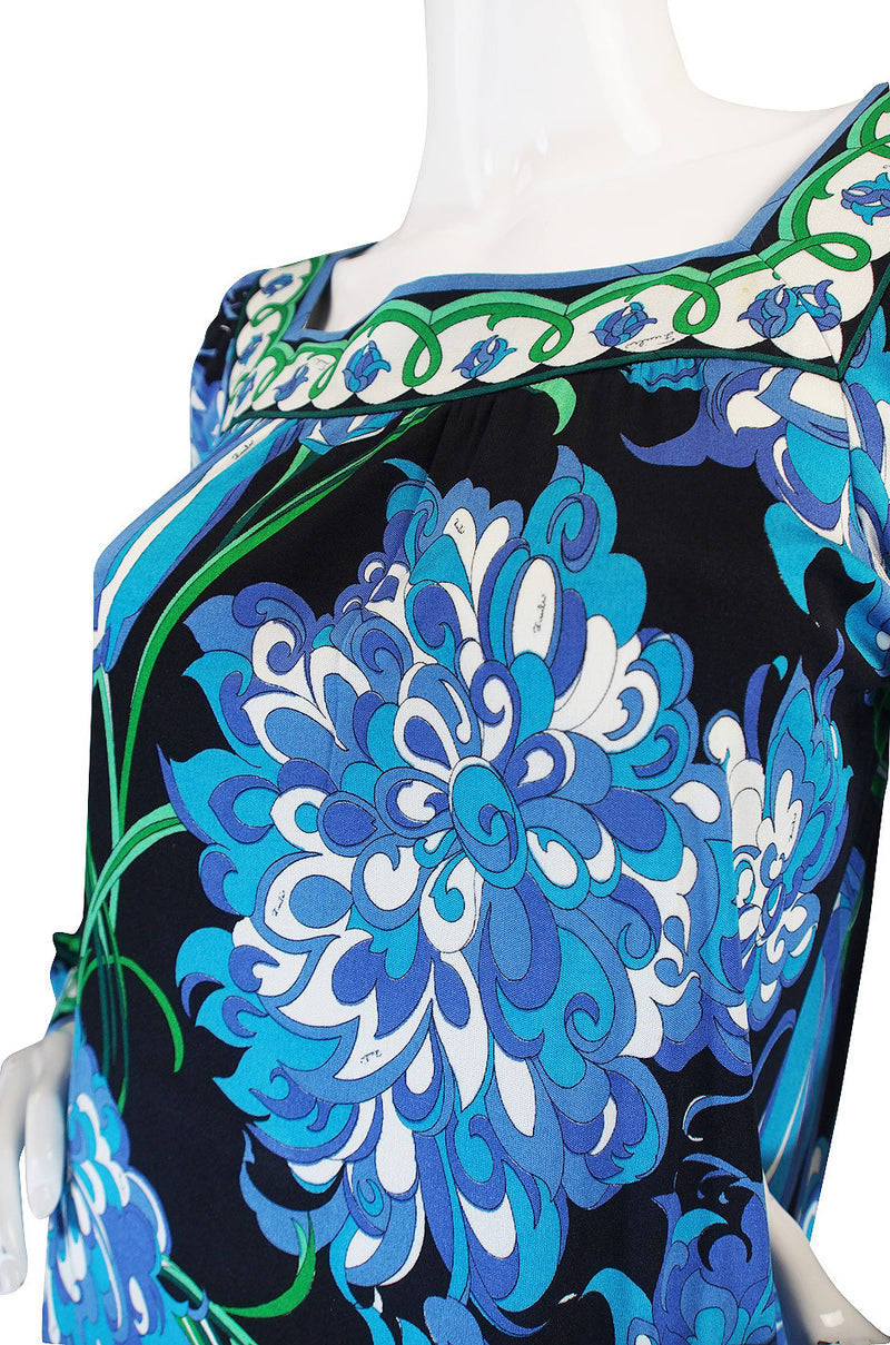 1970s Blue Print Silk Jersey Pucci Caftan Dress