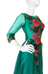 Vintage Trained Emerald Green Lace Tulle Gown w Floral Applique