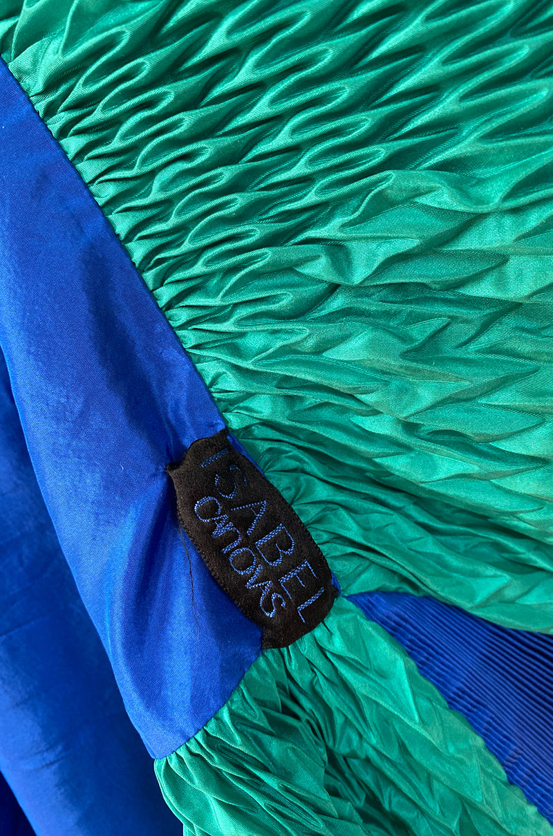 Rare 1980s Isabel Canovas Huge Pleated Green & Blue Silk Shawl Cape