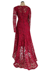 1986 Arnold Scaasi Couture Deep Red Lace Dress w Rhinestone Detailing & Trained Back Skirt