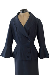Stunning 1950s Jacques Fath Deep Navy Blue Silk Button Vent & Side Button Jacket Suit