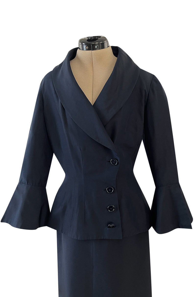 Stunning 1950s Jacques Fath Deep Navy Blue Silk Button Vent & Side Button Jacket Suit