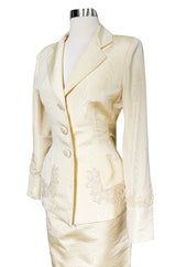 1980s Bill Blass Ivory Moire Silk Suit w Extensive Raffia & Embroidered Detailing