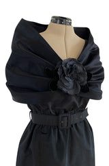 Exceptional Late 1970s Ady Couture Lausanne Black Silk Dress w Dramatic Wide Collar Shoulder Wrap