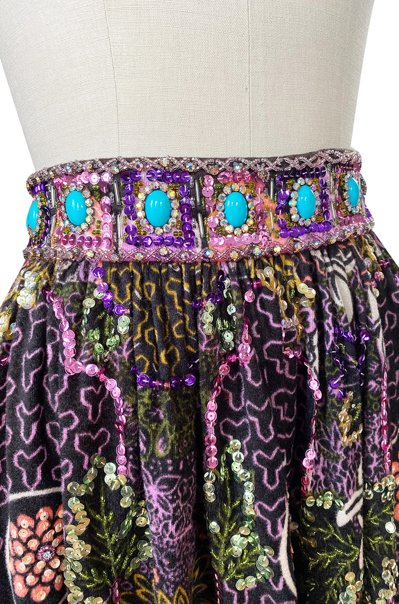 1960s Valentina Beaded & Sequin Elaborate Printed Felt Jersey Maxi Skirt