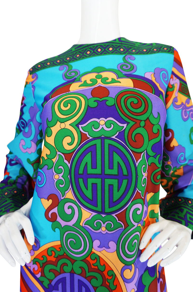 1960s Vivid Bright Printed British Colony Caftan Dress