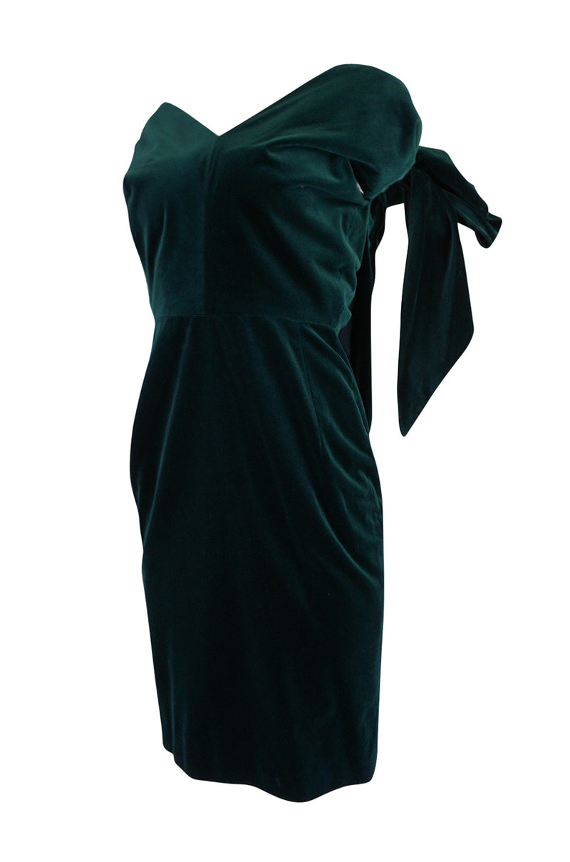 A/W 1989 Antony Price Bottle Green Velvet Dress w Removeable Bows
