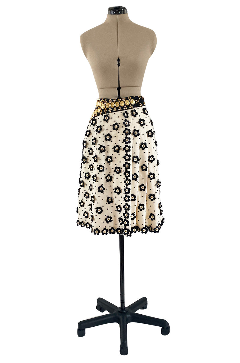 Extraordinary 1970s Adolfo Ivory Felt Wrap Skirt w Gold Filigree Studs & 3D Flower Detailing