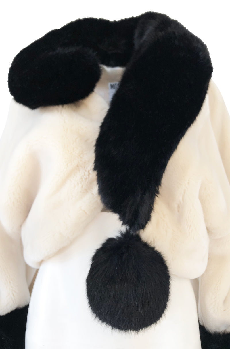 1994 Franco Moschino Ivory & Black Question Mark Faux Fur Cropped Jacket