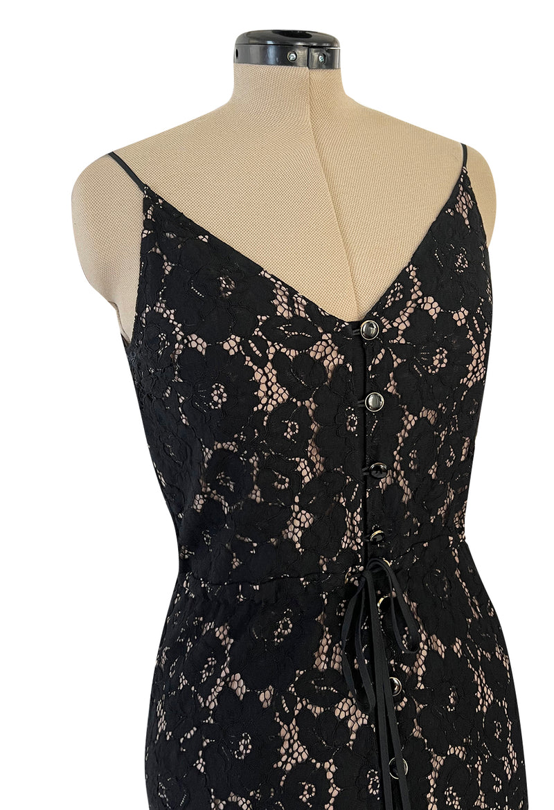 Easy to Wear 2010s Lanvin by Alber Elbaz Black Lace Illusion Dress w Button Front