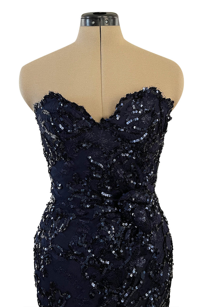 Extraordinary Spring 1984 John Anthony Couture Strapless Blue Sequin Detailed Netted Lace Dress