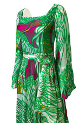 1970s Brilliant Green w Bright Pink Accents Printed Ribbon Silk Chiffon Full Length Maxi Dress