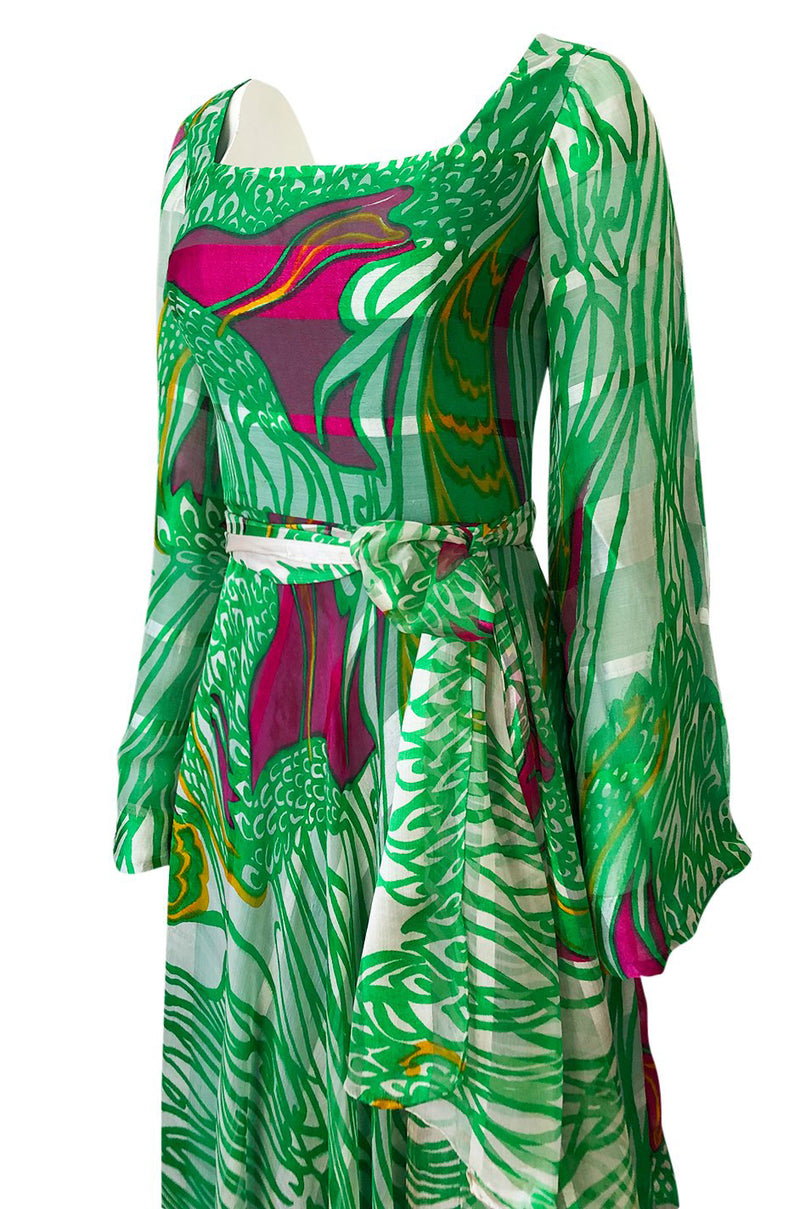 1970s Brilliant Green w Bright Pink Accents Printed Ribbon Silk Chiffon Full Length Maxi Dress