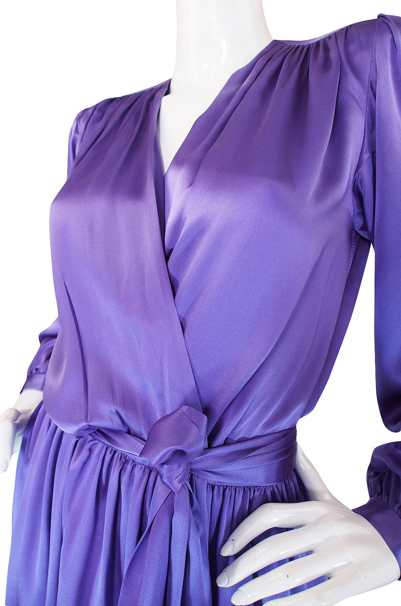 Fine c1988 Yves Saint Laurent Purple Silk Satin Wrap Dress
