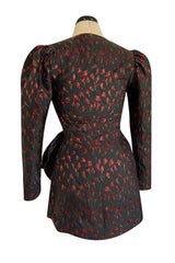 2019 Attico Micro Mini Red Metallic Rose Print Wrap Dress w Pouf Sleeves