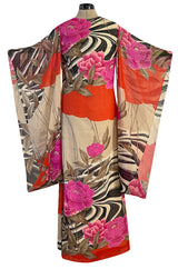 1960s Hanae Mori Couture Long Open Kimono Sleeve Pink Floral Print Cotton Caftan Dress