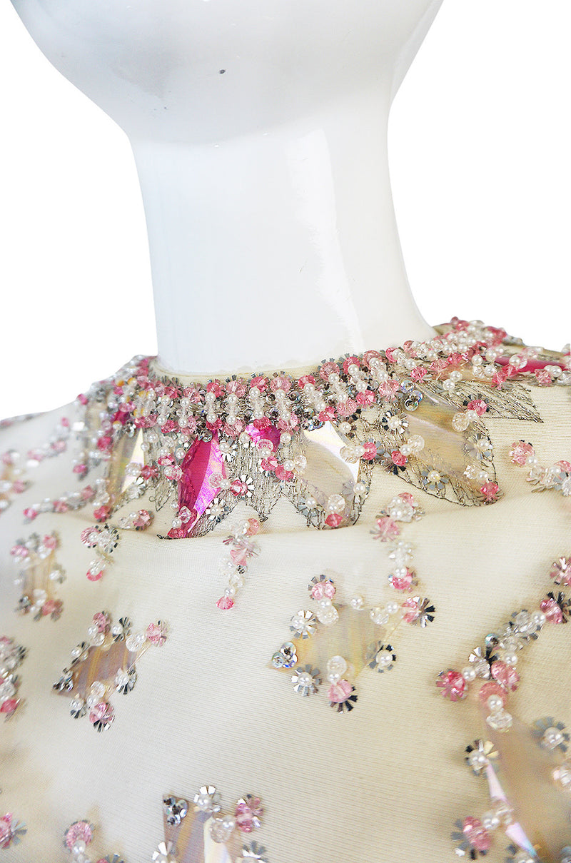 1960s Cream with Pink Beaded Sequin Malcolm Starr Dress
