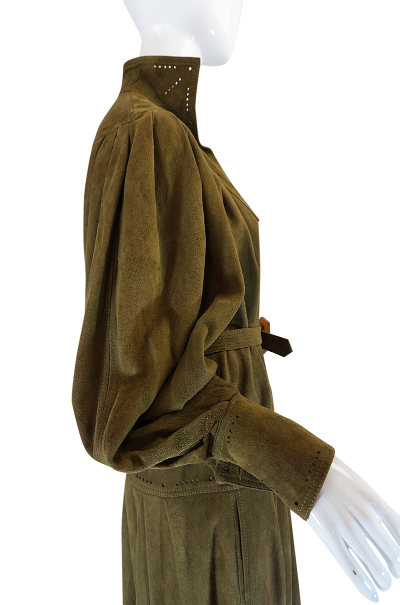 1970s Jean Muir Billowing Sleeve Perforated Olive Suede Dress