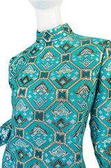 1970s Turquoise & Metallic Ikat Brocade Mollie Parnis Dress