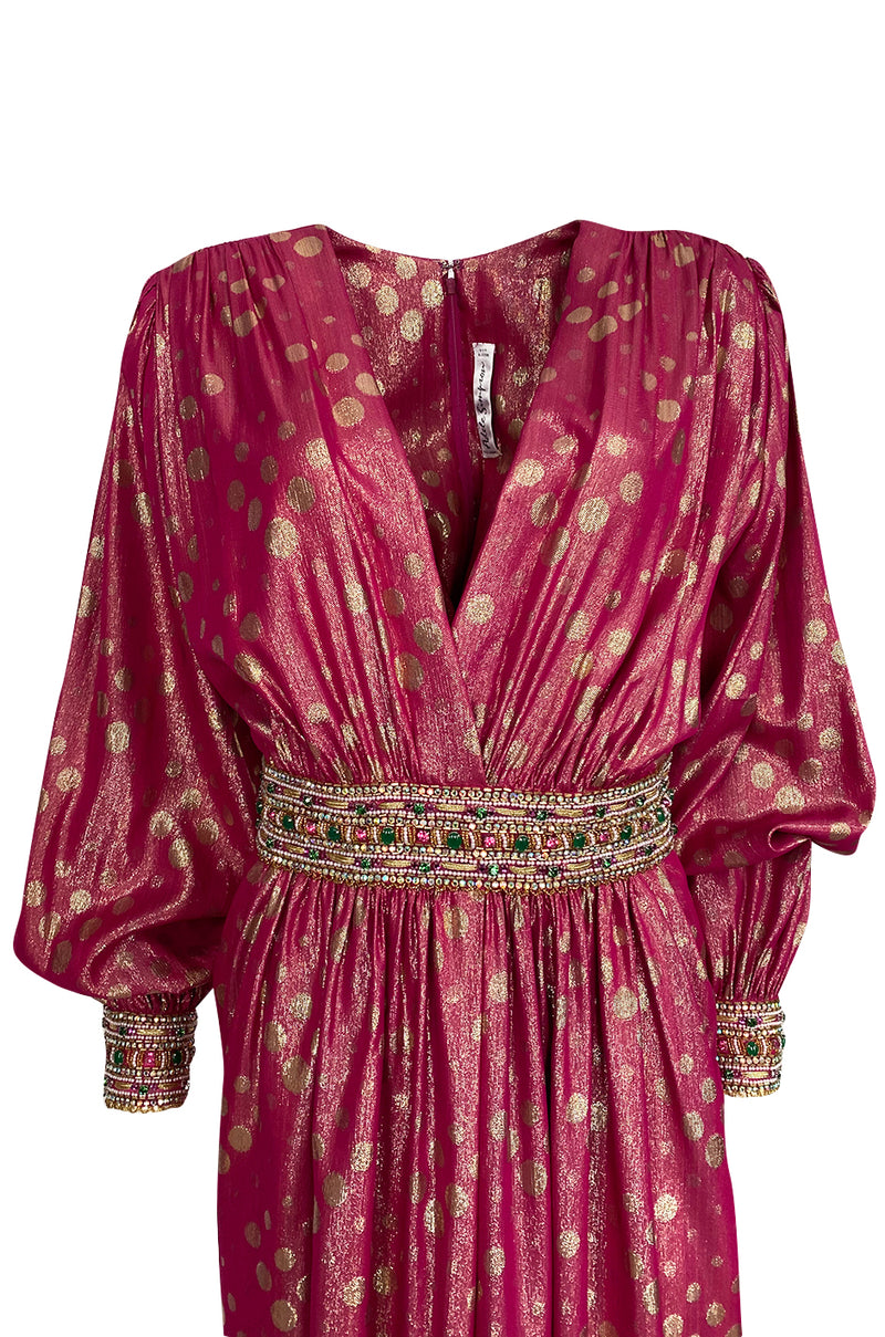 1980s Adele Simpson Pink & Gold Metallic Lame Beaded Dress w Beading
