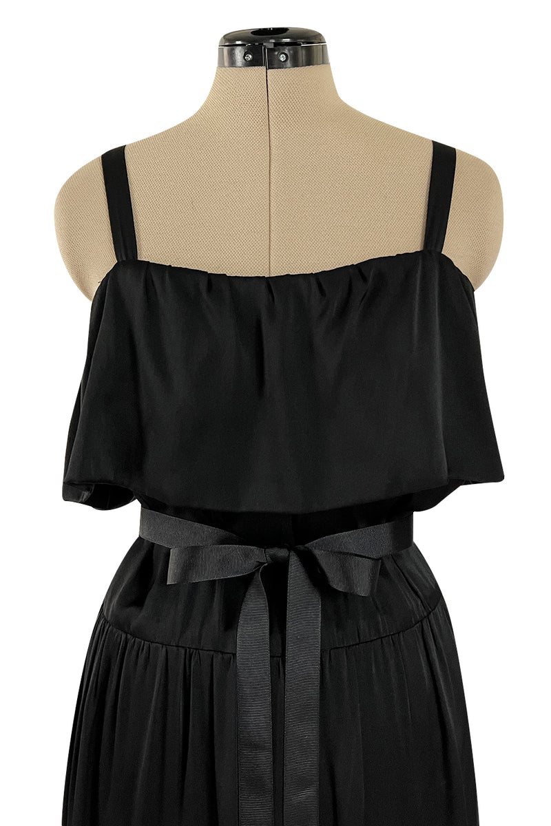 Superb Late 1970s Christian Dior by Marc Bohan Minimalist Demi-Couture Black Silk Dress