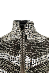 Sparkly Spring 1981 Halston Silver Sequin & Beaded Black Silk Chiffon Jacket