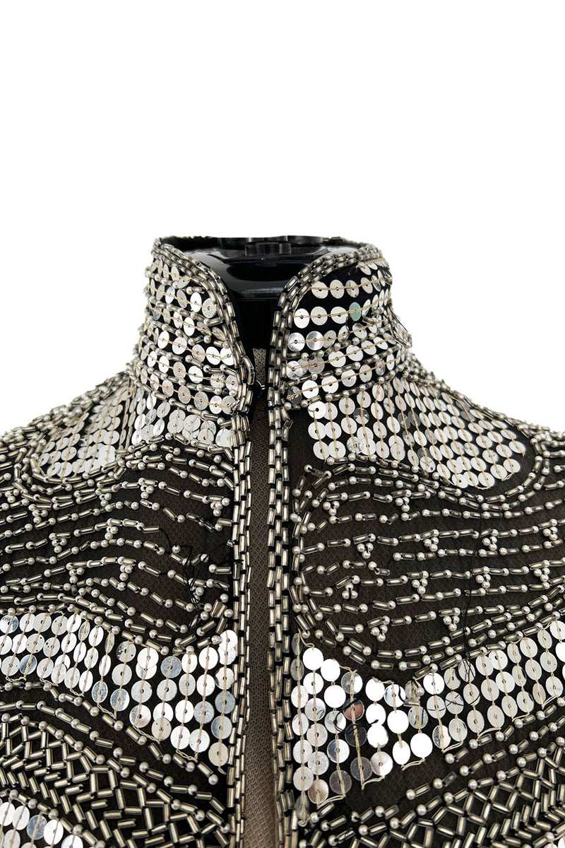 Sparkly Spring 1981 Halston Silver Sequin & Beaded Black Silk Chiffon Jacket
