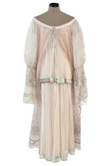 1976 Bill Gibb Couture Pleated Silk Chiffon Skirt w Metallic Thread Embroidered Silk Net Coat