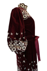 1960s Bill Tice Rich Garnet Velvet & Embroidered Floral Dress