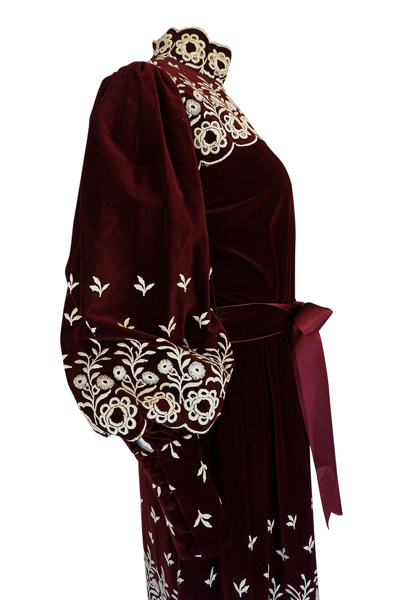 1960s Bill Tice Rich Garnet Velvet & Embroidered Floral Dress