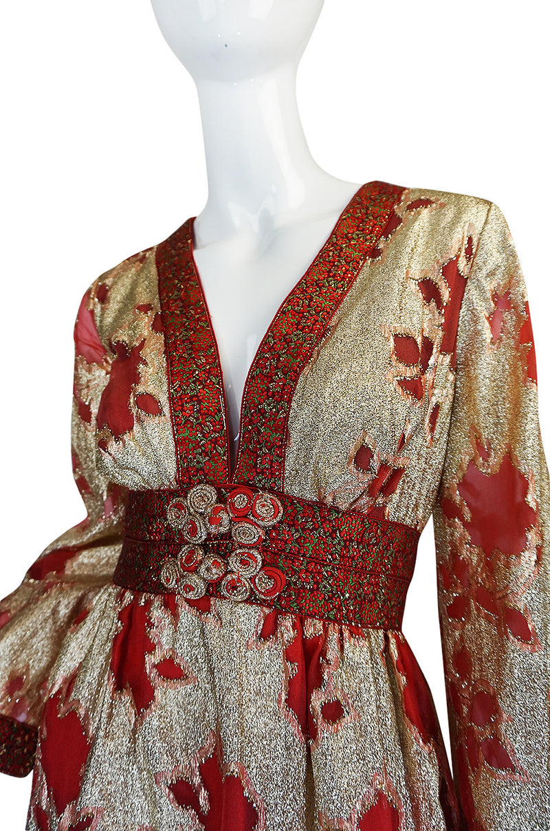 1970s Unlabelled Bill Blass Gold Lame & Red Silk Metallic Dress