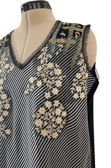 Wonderful Little Upcycled Black & White Striped Silk Chiffon Top W Hand Applied Twenties Details