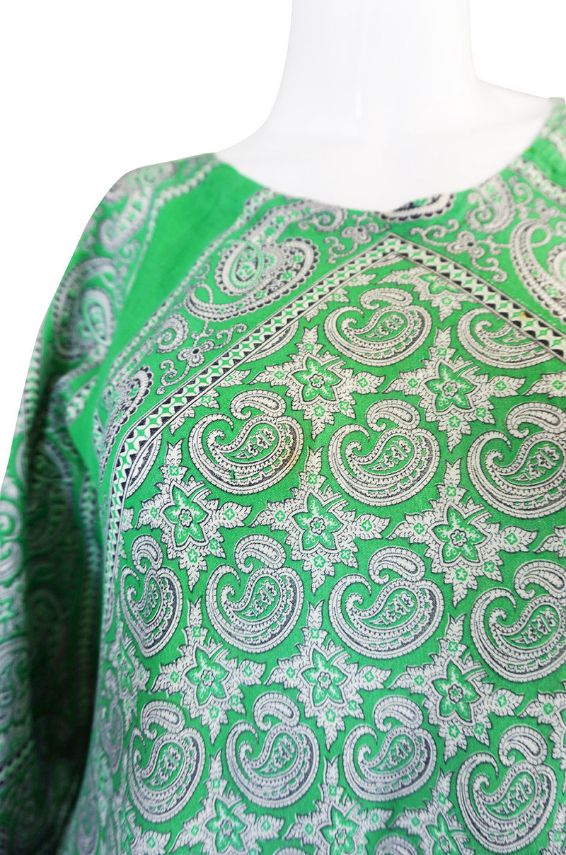 1970s Green Print Bandanna Scarf Cotton Caftan Dress