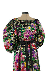 Beautiful 1970s Michael Novarese Ribbon Weave Silk Chiffon Bright Floral & Metallic Dress