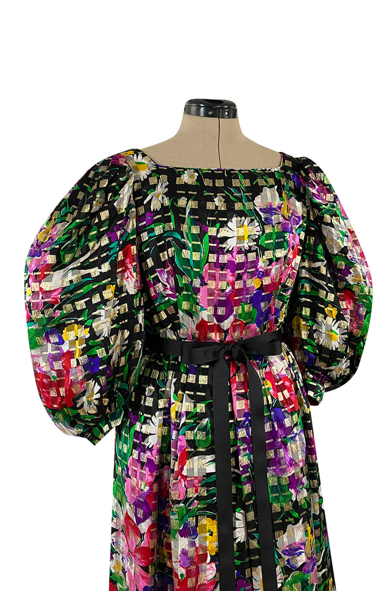 Beautiful 1970s Michael Novarese Ribbon Weave Silk Chiffon Bright Floral & Metallic Dress
